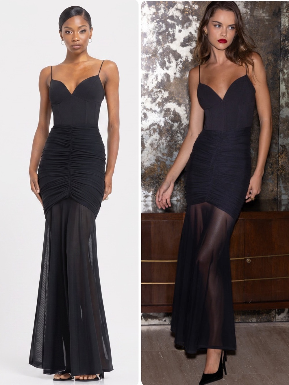 Black Halo Azura Black Bustier Bodice Ruched Mesh Maxi Gown Dress NWOT $495